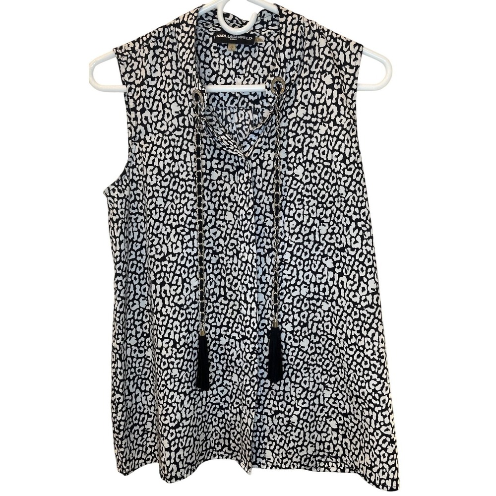 Karl Lagerfeld Paris Womens Leopard Print Tassel Tie Sleeveless Top Small